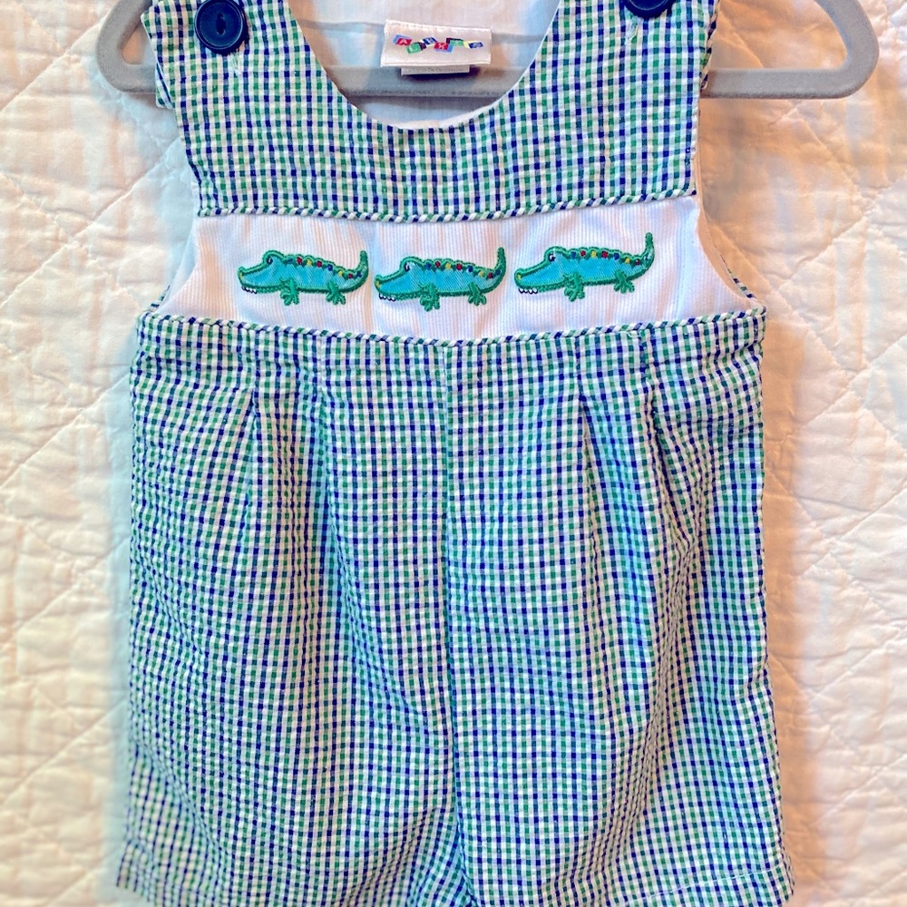 6-9 mos Smocked Jon Jon. Alligator print. Precious spring summer outfit!